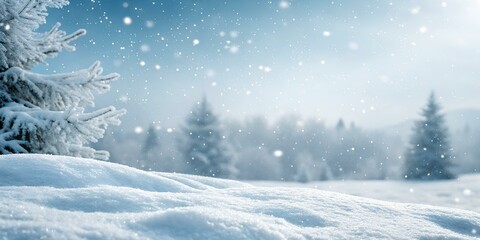 Fototapeta premium Fluffy white snow covers the ground and small trees, creating a peaceful winter atmosphere. Snowflakes gently fall, enhancing the calmness of the scene.