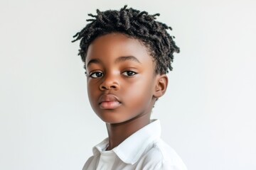 portrait of a confident young black boy with short dreadlocks wearing a white shirt against a white background