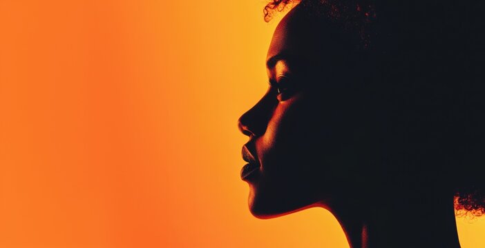 silhouette profile of a black woman against a vibrant orange background, black history month banner