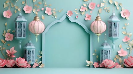 Soft pastel paper cut banner with Islamic lanterns and floral accents, offering a central space for custom text, ideal for Ramadan or festive greetings.