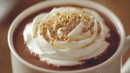 Close-up of a Gourmet Hot Chocolate with Whipped Cream and Gold Sprinkles