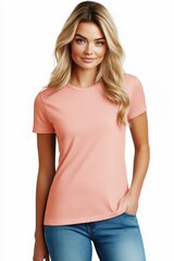 Obraz premium stylish woman wearing an apricot crew neck t-shirt with curved side slits, low rise hem, and side panel sleeves, casual fashion look