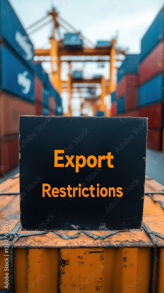Poster export restrictions sign in shipping yard with containers in background