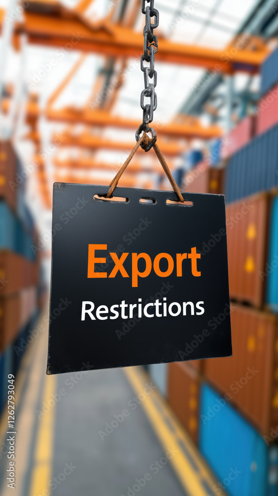 Poster export restrictions sign in shipping yard with containers