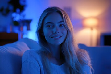 Obraz premium portrait of a smiling woman sitting on a couch at night, illuminated by blue ambient lighting in a cozy home