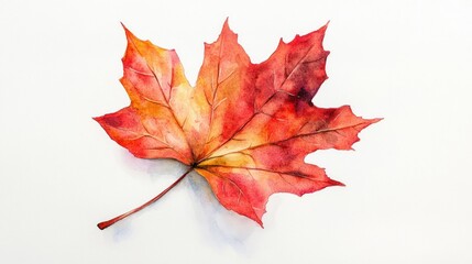 Watercolor painting of autumn maple leaf on white background