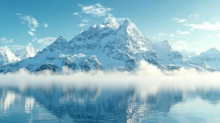Snowy mountain range reflecting on placid water, misty morning