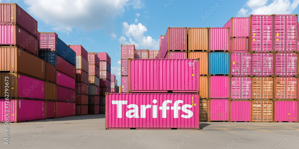 Poster colorful shipping containers with bold tariffs text in port setting