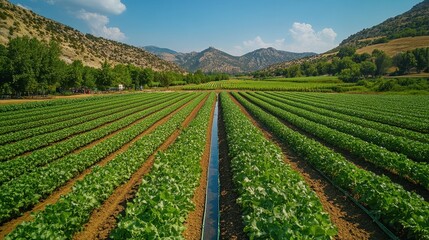 Lush green farmland with rows of crops under a clear blue sky and distant mountains.