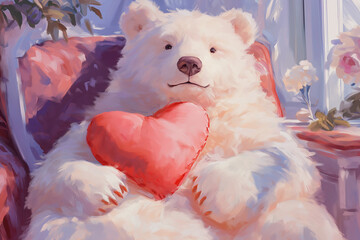 A cute teddy bear hugging a big heart with both arms, looking joyful, soft and fluffy fur, detailed stitches, ultra-HD, photorealistic, isolated background