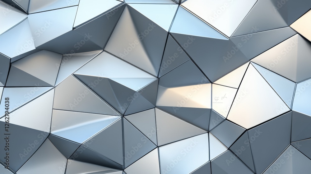 Poster Metallic polygonal surface creating an abstract background with triangular facets, reflecting light and producing a sleek, modern design that evokes a futuristic aesthetic