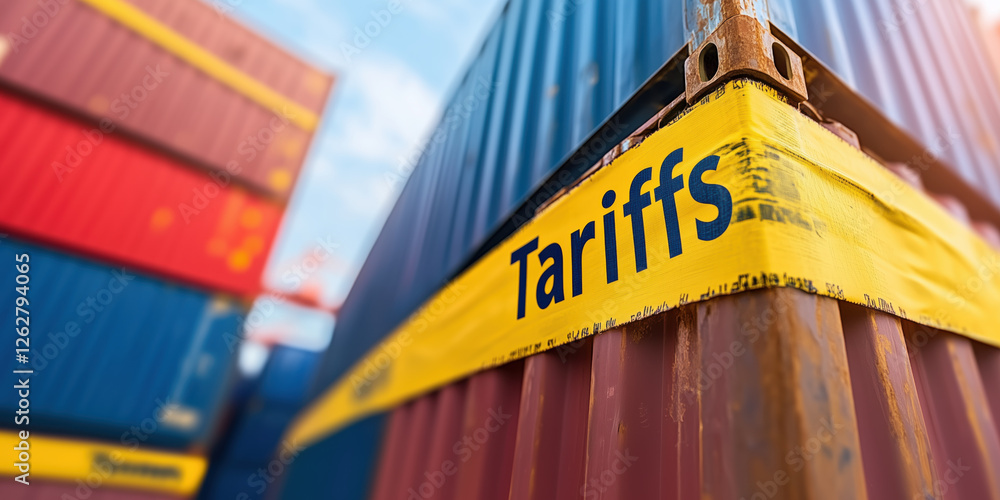 Poster tariffs on shipping containers with colorful stacks in background