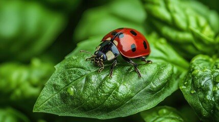 A vibrant ladybug perched on a fresh green basil leaf, showcasing nature's beauty and detail.