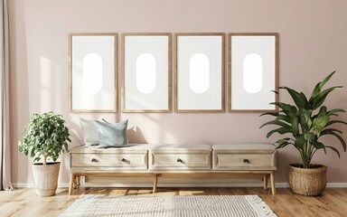 A cinematic medium shot of a modern, minimalistic interior with a black thin-framed blank vertical poster on the wall. The room has hardwood floors, a sofa, plants, and a lamp using AI generated