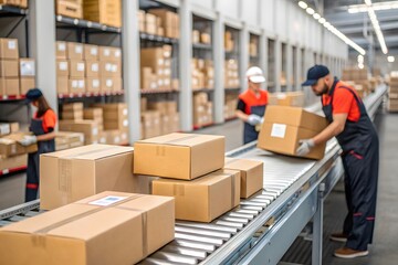 Workers Sorting Packages in a Modern Warehouse Delivery Center