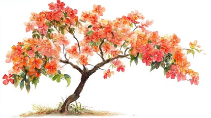 Watercolor painting of blooming orange tree