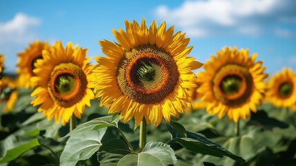 Fototapeta premium Bright sunflowers bloom under a blue sky, showcasing vibrant yellow petals and lush green leaves.
