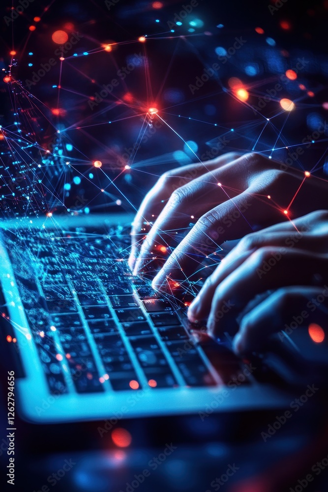Poster a close-up of hands typing on a laptop illuminated by colorful digital connections, symbolizing tech