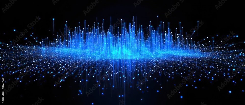Poster abstract digital visualization of blue sound waves emanating from a central point, creating a dynami