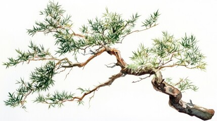 Watercolor painting of bonsai tree branch, isolated on white, nature art, zen garden design
