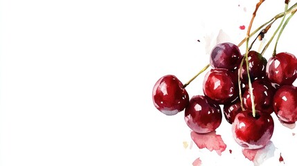 Watercolor painting of cherries on white background; food blog, recipe, or website banner