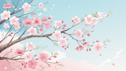 Fototapeta premium Watercolor cherry blossom background, soft pink and blue, elegant poetic spring arrival with copy space