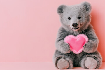 Obraz premium A cute teddy bear hugging a big heart with both arms, looking joyful, soft and fluffy fur, detailed stitches, ultra-HD, photorealistic, isolated background