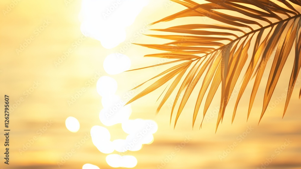 Poster golden palm leaf gracefully swaying in the warm glow of a tropical sunset, creating a serene and idy