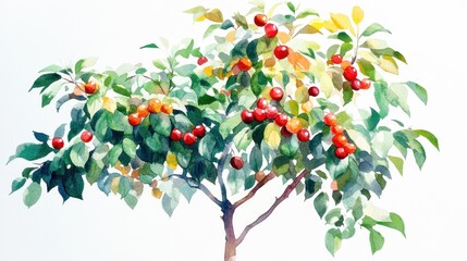 Watercolor painting of cherry tree, ripe fruit, white background, nature illustration, food packaging