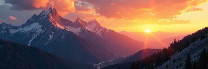 Fototapeta premium Golden hour light bathes rocky mountain range, clouds ablaze , nature, range