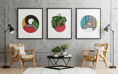 Fototapeta premium A cinematic medium shot of a modern, minimalistic interior with a black thin-framed blank vertical poster on the wall. The room has hardwood floors, a sofa, plants, and a lamp using AI generated