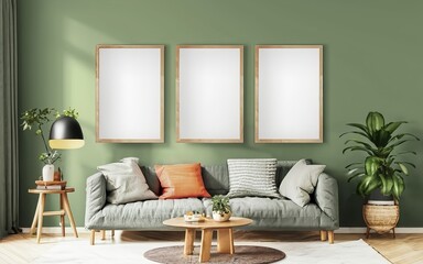 A cinematic medium shot of a modern, minimalistic interior with a black thin-framed blank vertical poster on the wall. The room has hardwood floors, a sofa, plants, and a lamp using AI generated