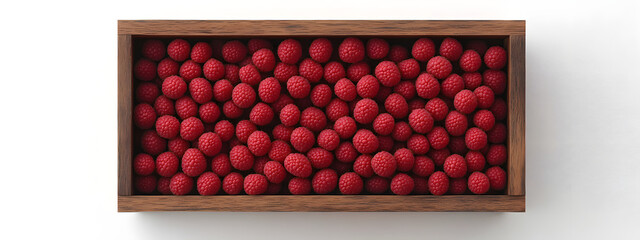 A wooden box of fresh raspberries on a white background
