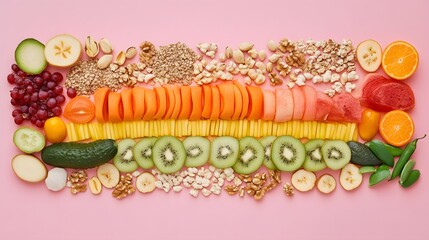 Colorful Arrangement of Fresh Fruits and Nuts on Pink Background