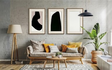Obraz premium A cinematic medium shot of a modern, minimalistic interior with a black thin-framed blank vertical poster on the wall. The room has hardwood floors, a sofa, plants, and a lamp using AI generated