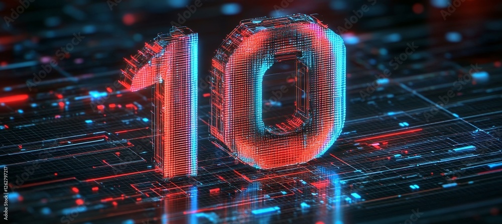 Poster glowing, futuristic digital number 10 on an abstract background of circuitry and technology
