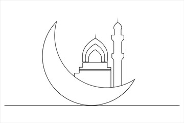 Moon icon one line drawing and isolated continuous outline Islamic vector illustration