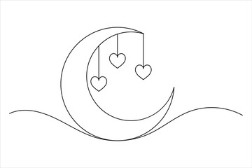 Moon icon one line drawing and isolated continuous outline Islamic vector illustration