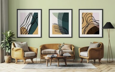 A cinematic medium shot of a modern, minimalistic interior with a black thin-framed blank vertical poster on the wall. The room has hardwood floors, a sofa, plants, and a lamp using AI generated