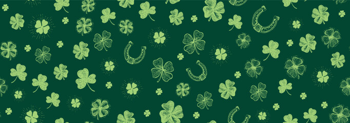 St. Patricks Day, clover pattern on green. Hand drawn illustrations	
