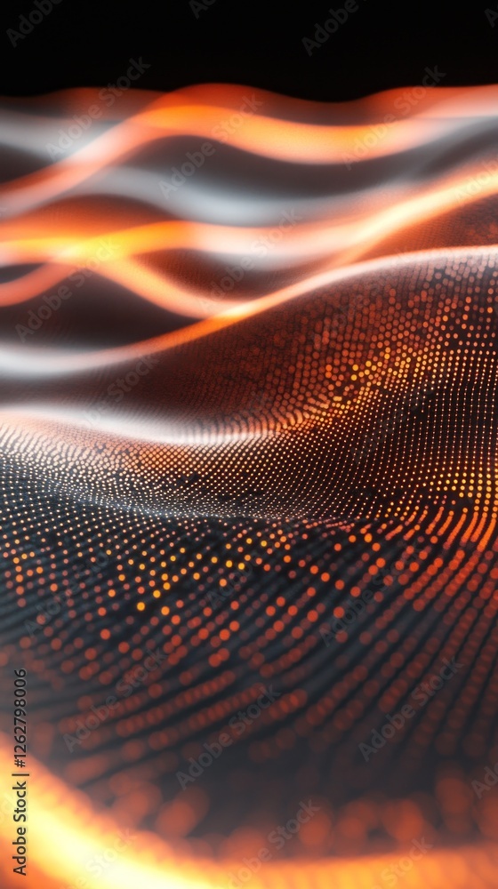 Poster abstract representation of flowing waves with vibrant orange and white hues, creating a sense of mot