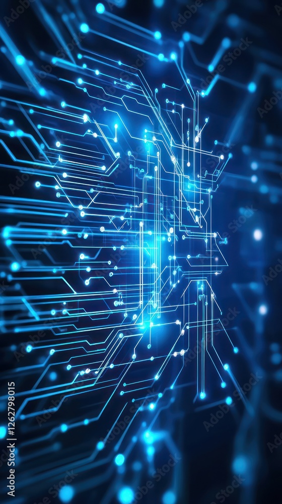 Poster abstract representation of a digital circuit board with glowing blue connections, symbolizing techno