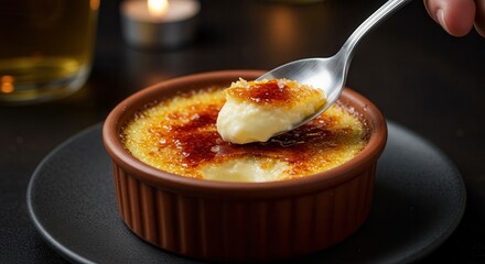 Eating Creme Brulee Dessert with Spoon Delicious Sweet Treat Delight