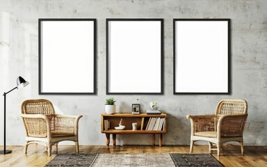 Fototapeta premium A cinematic medium shot of a modern, minimalistic interior with a black thin-framed blank vertical poster on the wall. The room has hardwood floors, a sofa, plants, and a lamp using AI generated