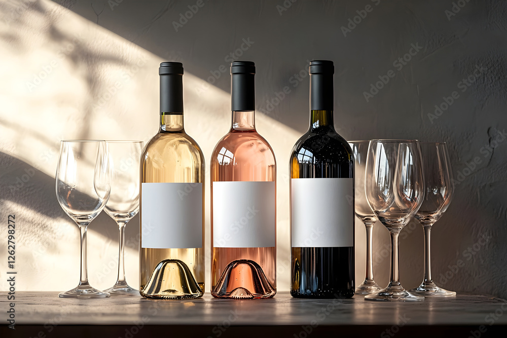 Poster elegant display of assorted wine bottles with glasses on a wooden table. generative ai.