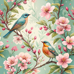 Seamless blooming bird watercolor background, soft green and floral colors, joyous spring nature pattern