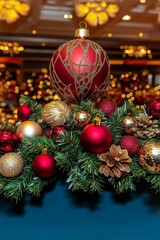 Christmas Decoration With Red, Gold Ornaments, Pine Branch. Festive Banner Background