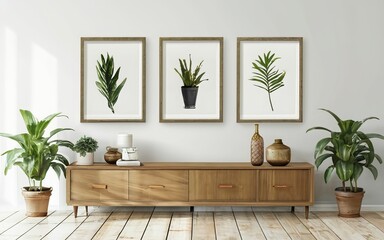 Fototapeta premium A cinematic medium shot of a modern, minimalistic interior with a black thin-framed blank vertical poster on the wall. The room has hardwood floors, a sofa, plants, and a lamp using AI generated