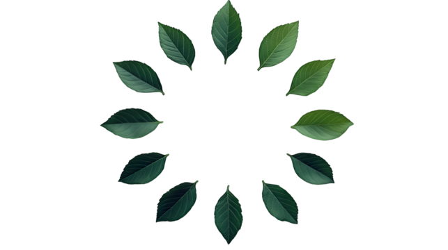 green leaves in a circle on a transparent background, PNG image, PNG file, Generative art.