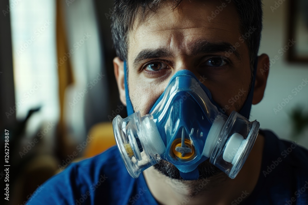 Aufkleber man using oxygen mask at home in a comfortable setting during the day